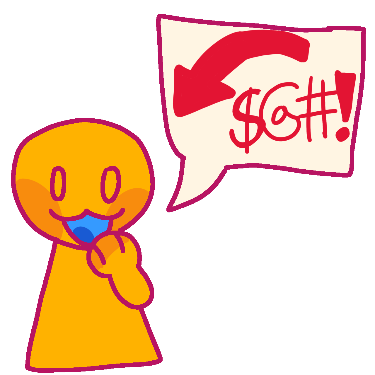 a yellow person playfully gesturing at themselves. Next to them is a speech bubble and in that speech bubble is a red arrow pointing to them as well a group of symbols (a dollar sign, an at sign, a hastag, and an exclamation mark) representing slurs